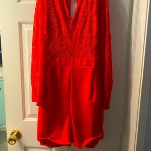 Red Lace Romper with keyhole and tie back